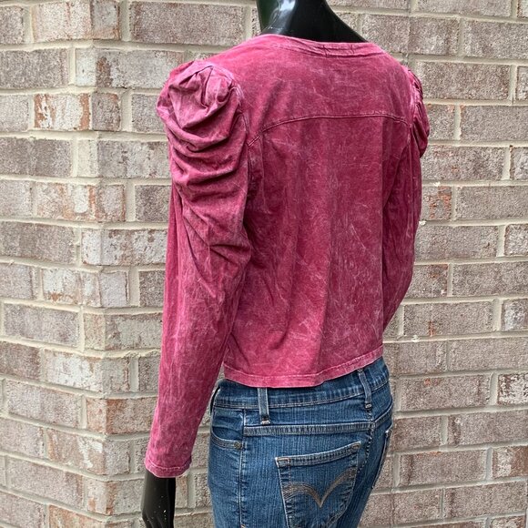 7 For All Mankind Puff Shoulder V-Neck Long Sleeve Stone Washed Cropped Top Sz S - Picture 6 of 12